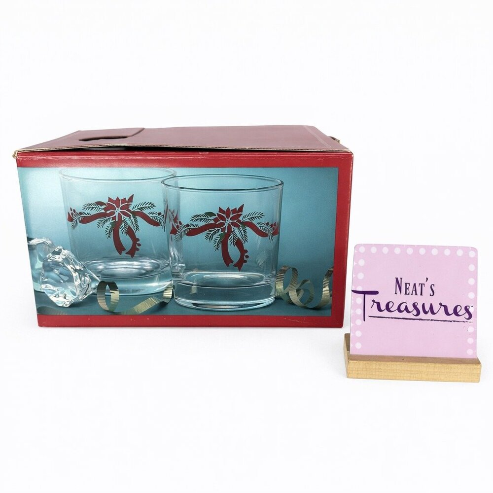 Anchor Hocking POINSETTIA & RIBBONS 89524 Rocks 9oz Whiskey Glasses Set 3 NEW